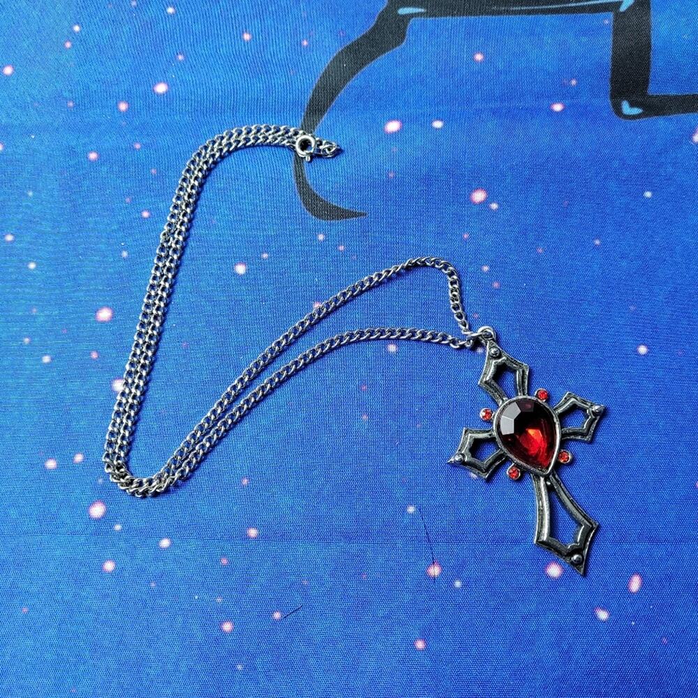 Pewter/silver Tone Cross Necklace Red Stones Gothic Medieval Renaissance Costume